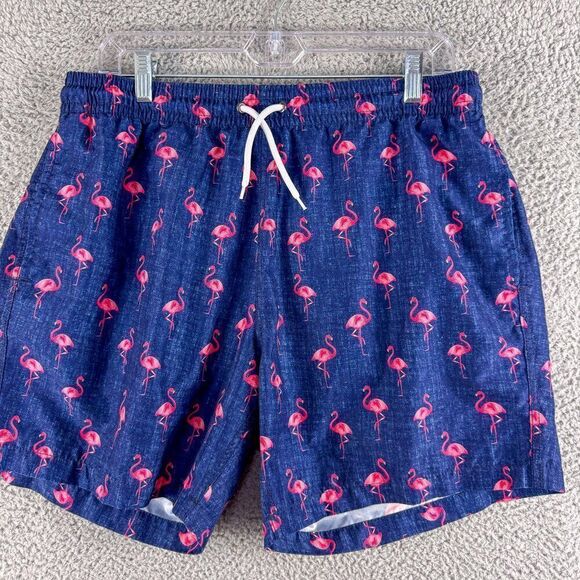 Trunks Flamingo Swim Shorts Mens Large Blue Pink Casual Swim Beach Pool QuickDry - Picture 1 of 13